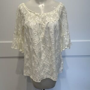 Womens Ivory Lace Boho Peasant Top Floral Sheer Embroidered Blouse M